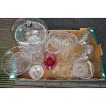 A large group of glassware, come moulded, some cut, including comports, vases, a cranberry vase etc.