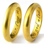 Gold posy ring inscribed 'let's fix our love in god above'. A large posy ring 25mm diameter (19.