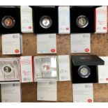 Six Royal Mint Silver Proof coloured Beatrix Potter  50p coins in Original Cases with Certificates.