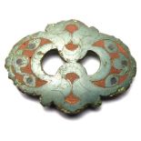 Celtic enamelled harness mount. A late Iron Age bronze 'Eared' mount from a horse harness. The front