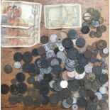 Collection of British and World coins and Banknotes, containing older copper coins gaming tokens,