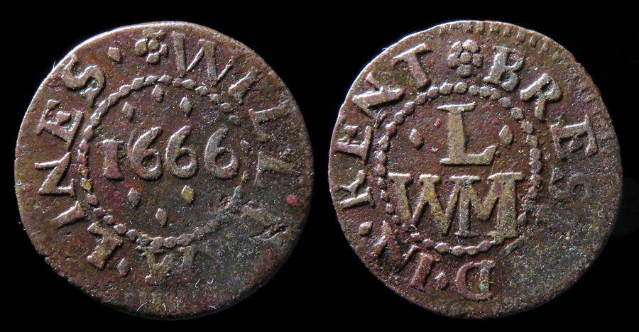 William Lines. Brasted, Kent, 17th Century Trade Token.  WILLIAM LINES, 1666. R. W.M.L, BRESTED IN
