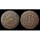 17th Century, Kent Trade Token.  Bexley. John Thorndell halfpenny. Ox & axe. 1.11g. Reference: