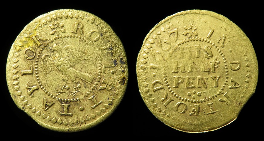 17th Century, Kent Trade Token.  Dartford. Robert Taylor halfpenny. Falcon. 1.81g. Reference: