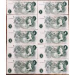 Bank of England £1 Banknotes, O’Brien  conservative Run, prefix 70S 650482 to 70S 650491 in