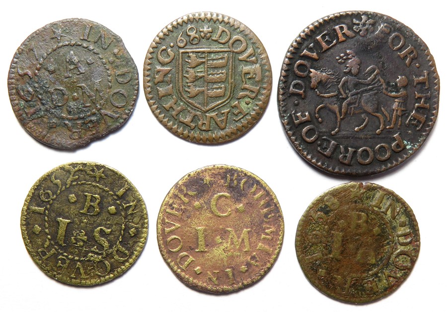 17th Century, Kent Tokens.  Dover (6). Town piece, St Martin and beggar. Halfpenny 1668. 3.07g.