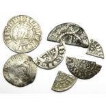 Hammered silver coin group, including an Edward I penny, 1/8 thistle merk, three cut halfpennies,