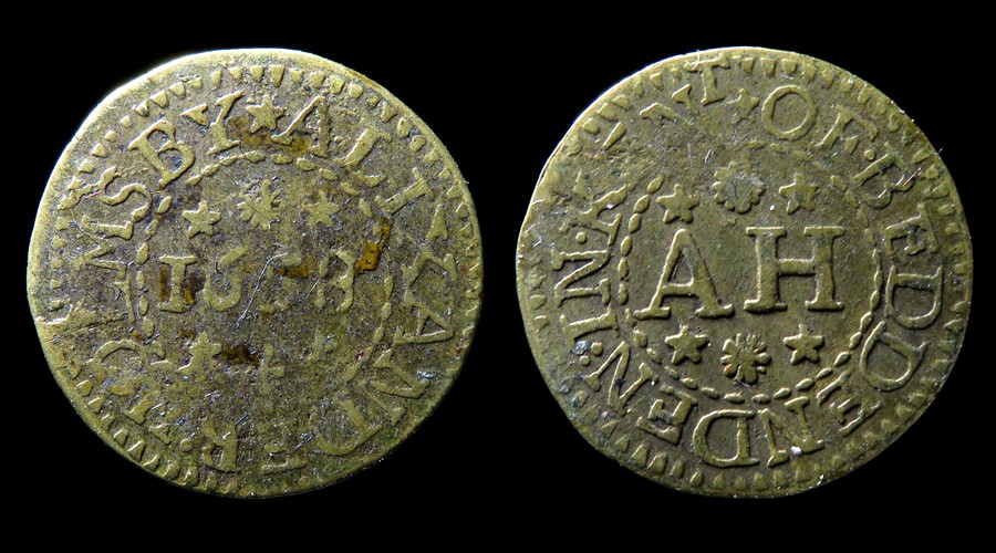 Alexander Holmsby, Biddenden, Kent, 17th Century Trade Token.  ALEXANDER HOLMSBY, 1658. R. A.H, OF