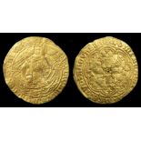 Edward III Half Noble.  Transitional treaty period, 1361 AD. Gold, 3.68g. 26 mm. King standing in