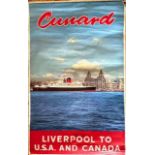 Cunard poster, Liverpool to USA and Canada, on batons, c.1950s, 40" by 25". Light creasing/tears