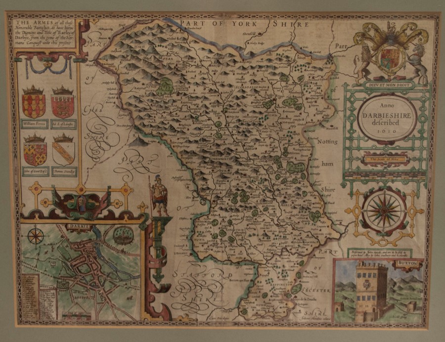 Speed, John. 17th-century map of Derbyshire, hand-coloured copper engraving on laid/chain-lined