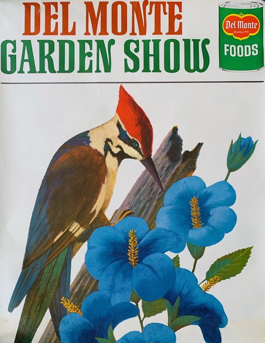 Del Monte advertising. Collection of eight Garden Show posters depicting birds and flowers, Litho in