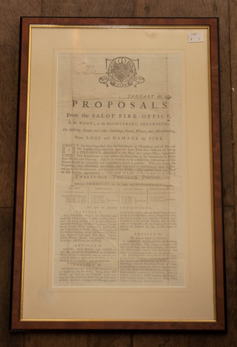 Collection of framed prints, to include a fire insurance 'Proposals' notice from Salop Fire- - Image 2 of 2