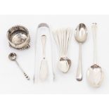 A group of silver to include: set of six George V coffee spoons, Birmingham, 1925; a circular salt