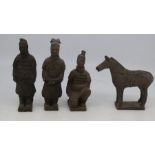 group of four Tang or Song Dynasty burial figures, including three warriors and a horse, approx,