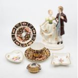 A collection of ceramics to include: Royal Crown Derby Imari 2451 teacup, saucer and plate, pink