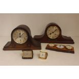 Two mid 20th Century mantle clocks, modern barometer and two travel clocks