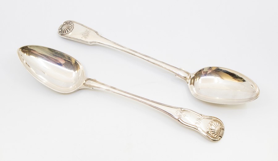 Two 19th Century silver fiddle, thread and shell pattern basting / serving spoons, each engraved