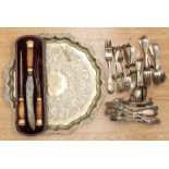 A collection of silver plate/EPNS to include: large salver; a Victorian horn and steel carving boxed