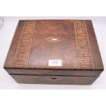 A wooden sewing box - probably originally a writing box - with marquetry and mother of pearl