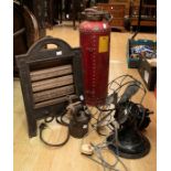 A 1930/40's metal GEC electric desk fan, 1930's electric heater, mid 20th Century red fire