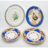 Collection of mid 19th century plates, hand painted blue ground gilt edging, one with hand painted