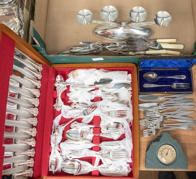 Collection of flat ware, silver plate canteen of cutlery, Victorian spoon and fork in case, candle