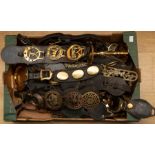 A collection of 19th & 20th century mainly mounted horse brasses (swingers) on leather martingale