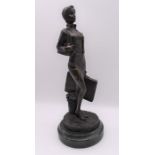 Reproduction bronze of 1980s business lady with case on stand.