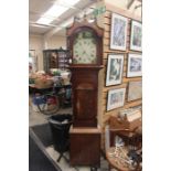 An early 19th Century oak and mahogany 30 hour longcase clock, swan neck pediment to hood, white