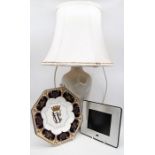 Art Nouveau styled lamp with shade on brass stand along with Royal Crown Derby Commemorative plate