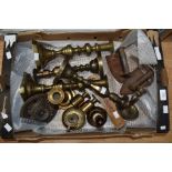 A collection of brass and copperware to include: three sets of 19th/early 20th Century