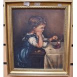 19th century oil on canvas of a young girl feeding a clown doll, unsigned English School 24cm x