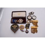 Masonic Interest including medals, compasses, whistles, railway plaque.