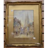 19th century watercolour of a continental town probably Paris, signed in gilt frame. 26cm x 36cm.