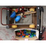 Vintage wooden blocks and trolley together with puppets & camera tripod