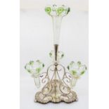 Edwardian Art Nouveau silver plate table, centre decoration with Liberty style glass posse, engraved