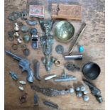 Collection of metal items, including a concave brass dish with the bust of PM Disraeli cast into