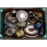 Plated ware including EP on copper wine coaster; tea set; entree dish and cover; tin; souvenir