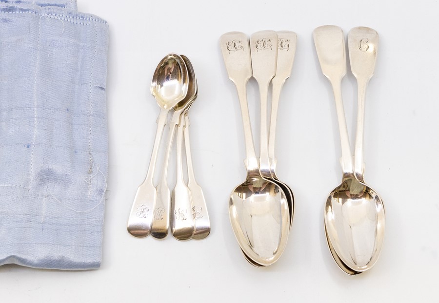 Five Victorian silver fiddle pattern dessert spoons and four Victorian Scottish fiddle pattern egg