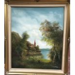 Original oil on canvas of a rural Continental scene with church in distance by Minteer (?) signed