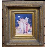 Reproduction resin (or similar) K.P.M Plaque in gilt frame of a Pre Raphaelite scene.