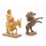 A bronzed figure of rearing Shetland pony together with a carved wooden figure depicting Sancho