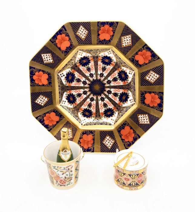 Royal Crown Derby Octagonal 1128 Imari plate with miniature ice bucket and champagne bottle along