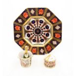 Royal Crown Derby Octagonal 1128 Imari plate with miniature ice bucket and champagne bottle along