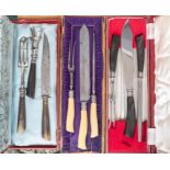 Three vintage boxed carving sets, makers to include: Gee & Holme steel with horn handles; a French