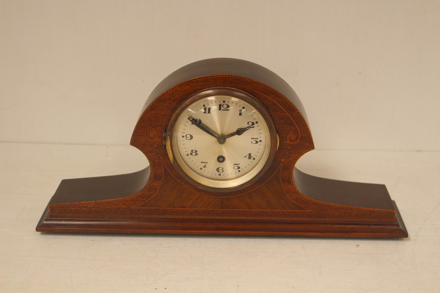 An Edwardian style mahogany mantel clock, inlaid with parquetry banding and boxwood stringing,