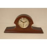 An Edwardian style mahogany mantel clock, inlaid with parquetry banding and boxwood stringing,