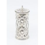 A late 19th Century Art Nouveau style silver caster, cylindrical body cast and repousse with