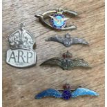 R.A.F sweetheart broaches a silver A.R.P badge  with a post war good luck broach in the form  of a
